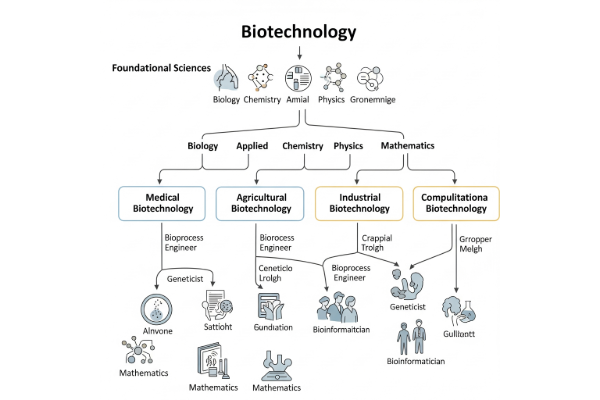 Biotech Career Pathways Infographic showing branching fields.